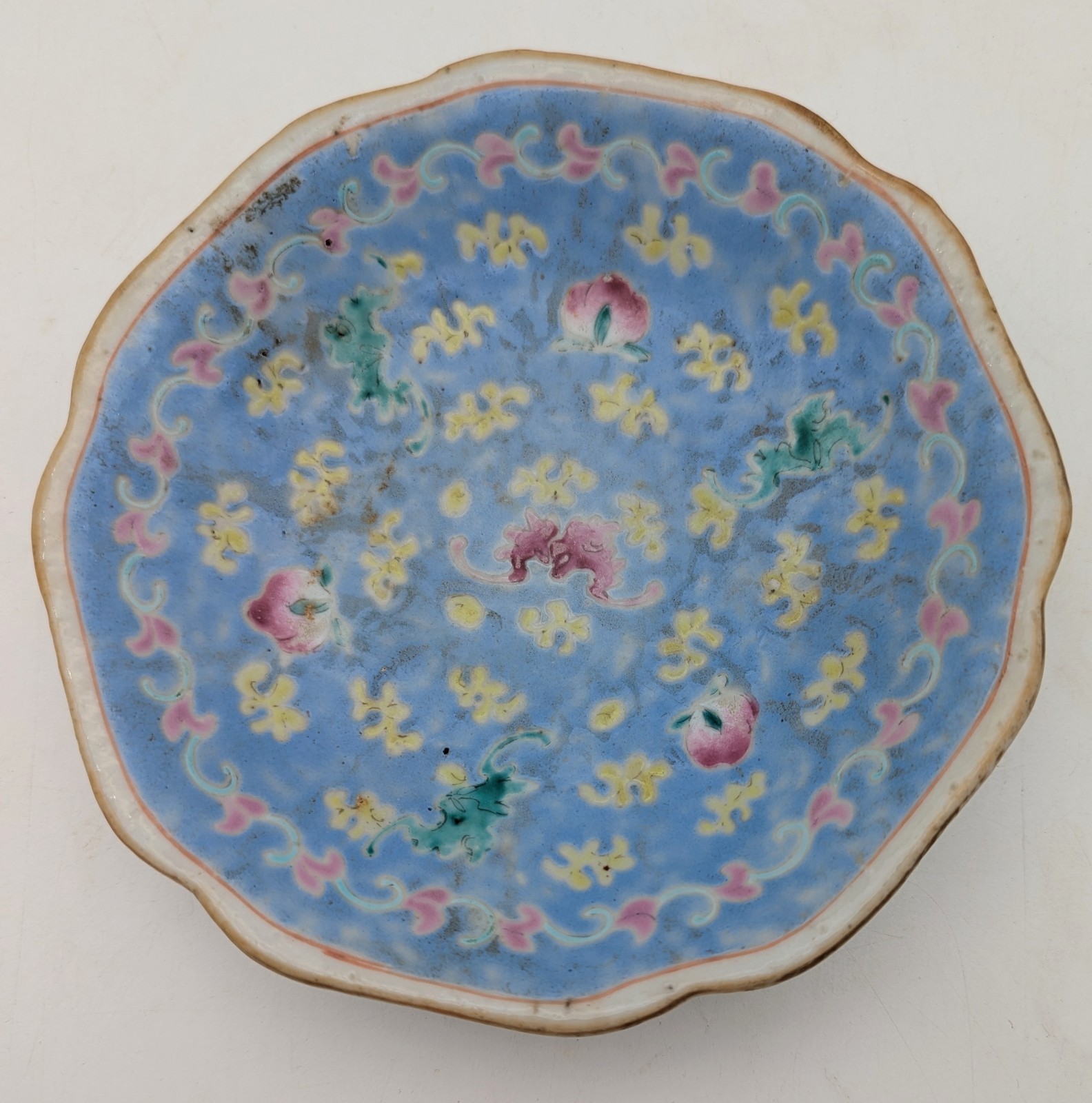 Antique Chinese Qing Famille Rose Blue Ground Pedestal Dish 6.5\