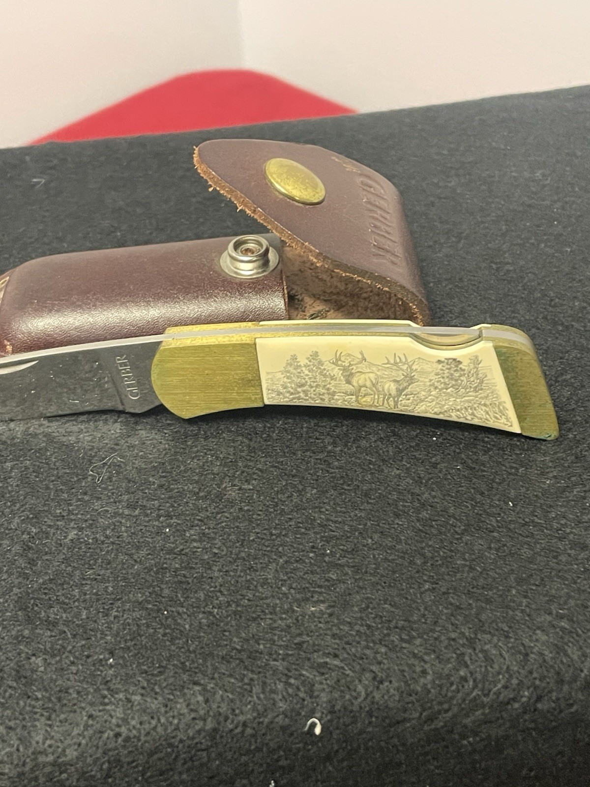 VTG Gerber Scrimshaw # 97223 Portland OR  USA Folding Knife ELK