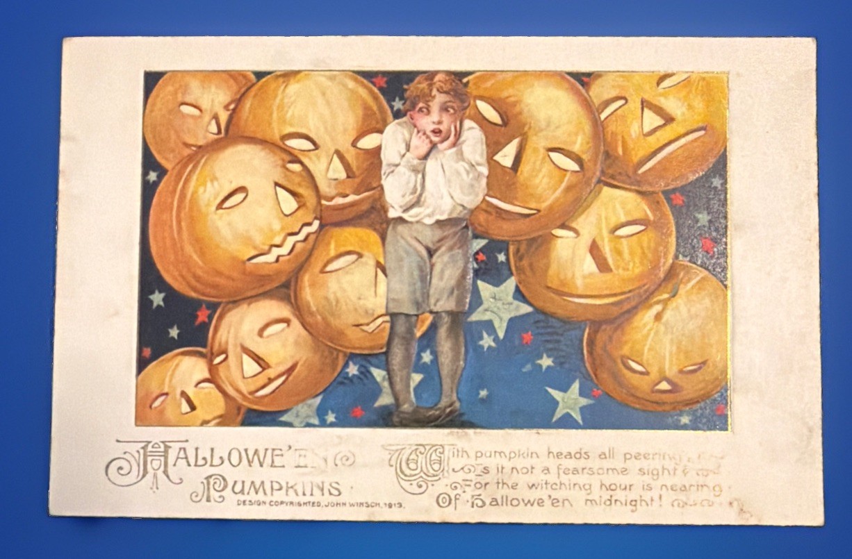 Vintage Halloween Postcard Winsch Schmucker Scared Boy JOL 1914