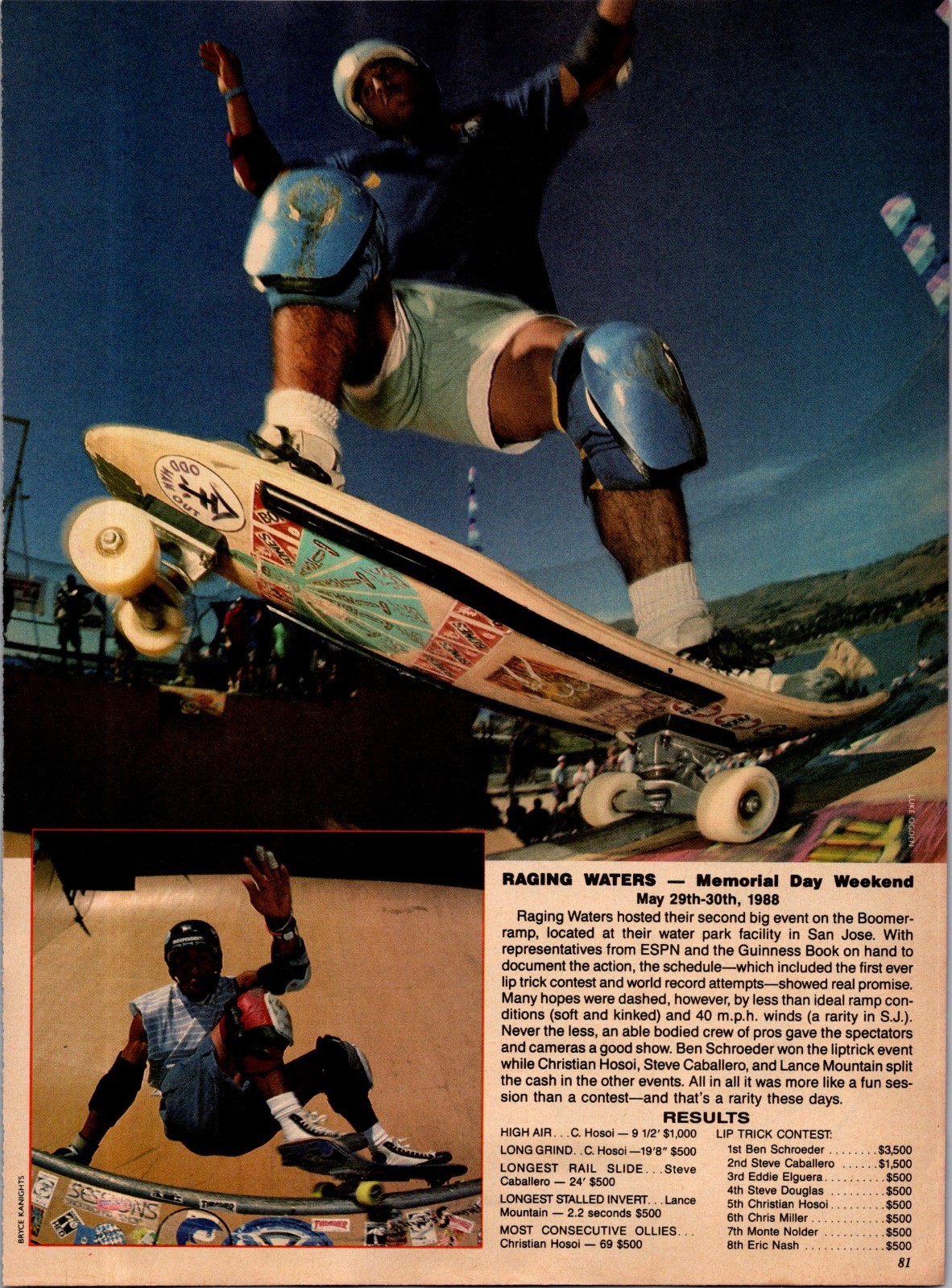 1988 • Raging Waters  San Jose • 1 Page Mag Cut Out • Skateboard Hosoi 80s KA.21