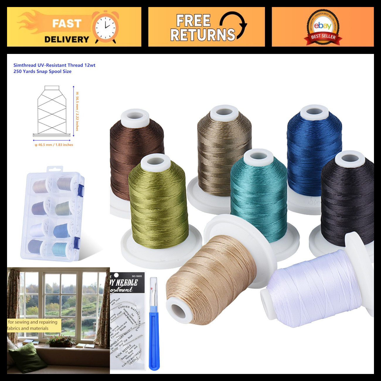 Heavy Duty Upholstery Repair Thread - UV Resistant, 250 Yards, Indoor/Outdoor Se