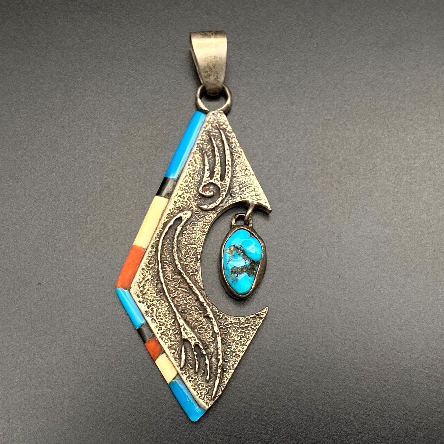 Vintage Native Modernist Turquoise Coral Sterling Silver Dangle Pendant