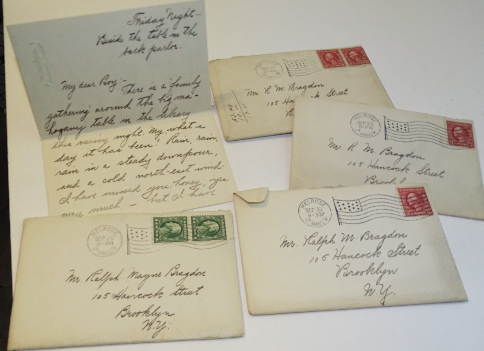 1913 handwritten letters; Brooklyn NY to Melrose MA (30 pages - 4 envelopes)