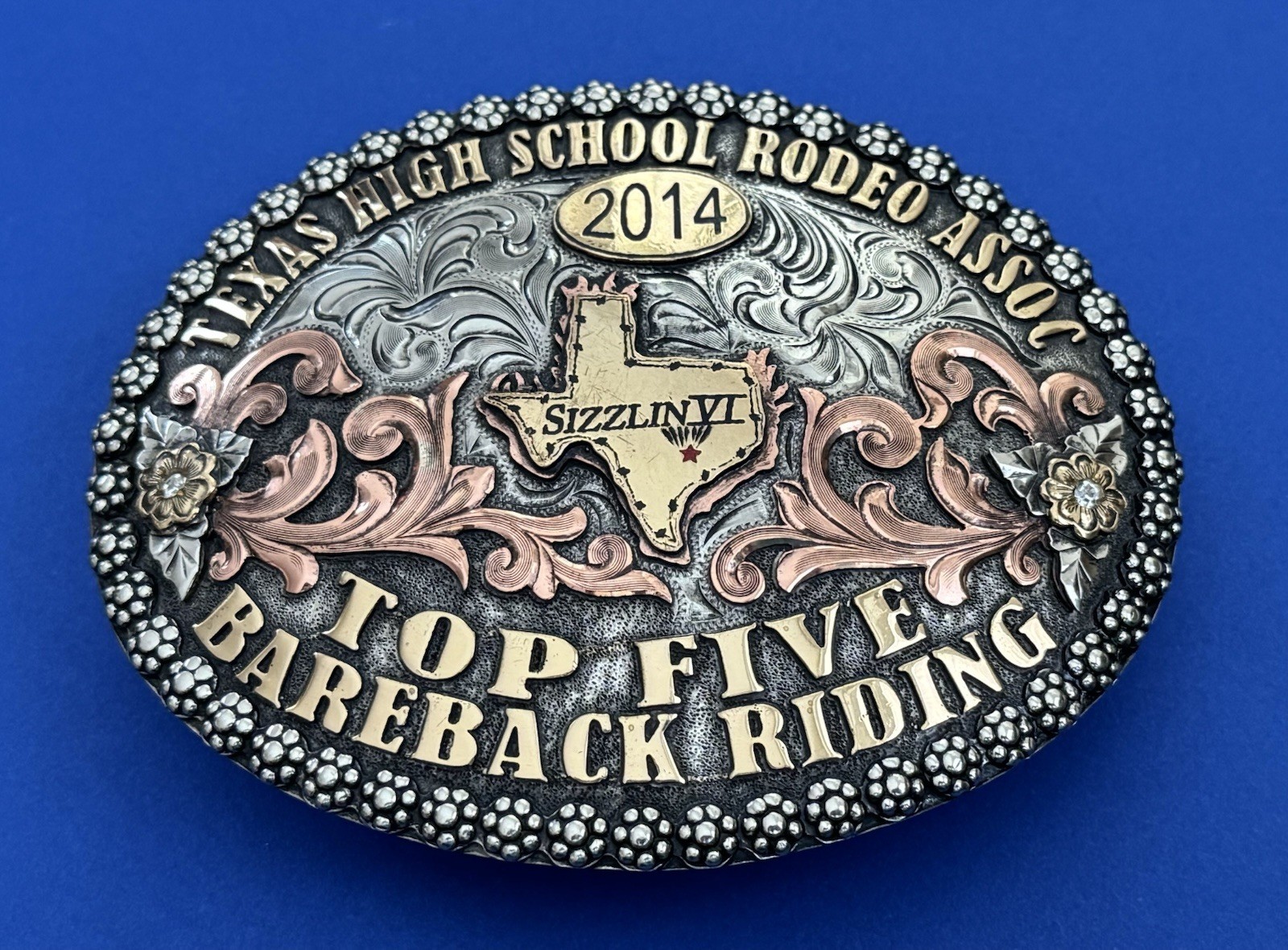 Vintage 2014 Texas HS Rodeo Top 5 Bareback Riding Sizzlin VI Trophy Belt Buckle