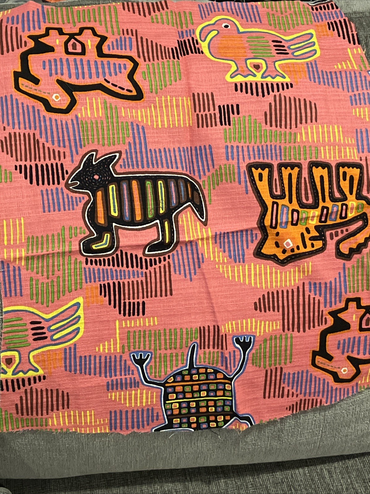 Vintage Panamanian Guna Mola Cotton Fabric Geometric Animal Bird Pink Orange