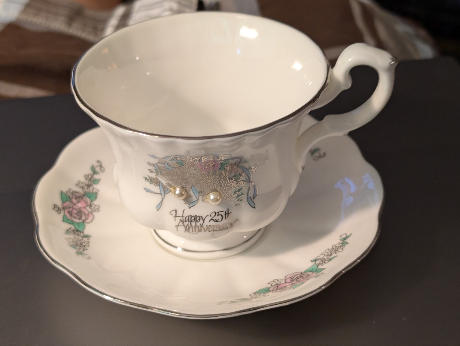 Vtg 1988 Roman Inc 25th Anniversary Teacup & Saucer Set Pearl Clapper Japan