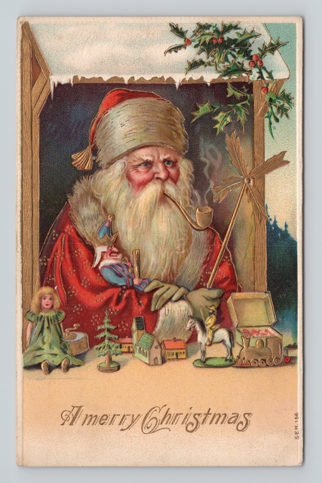 Christmas Early Santa Smokes Pipe Toys Gold Gilt Selmar Bayer 156 c1907 Postcard