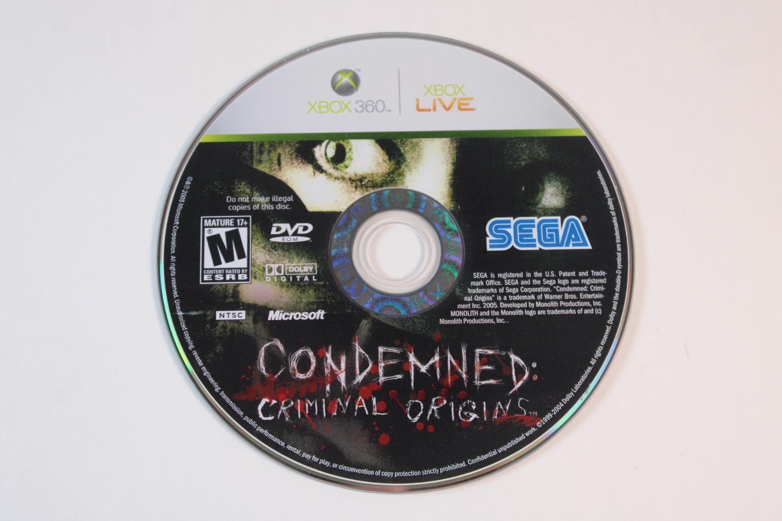 Condemned: Criminal Origins (Microsoft Xbox 360, 2005) Game Disc Only, Tested