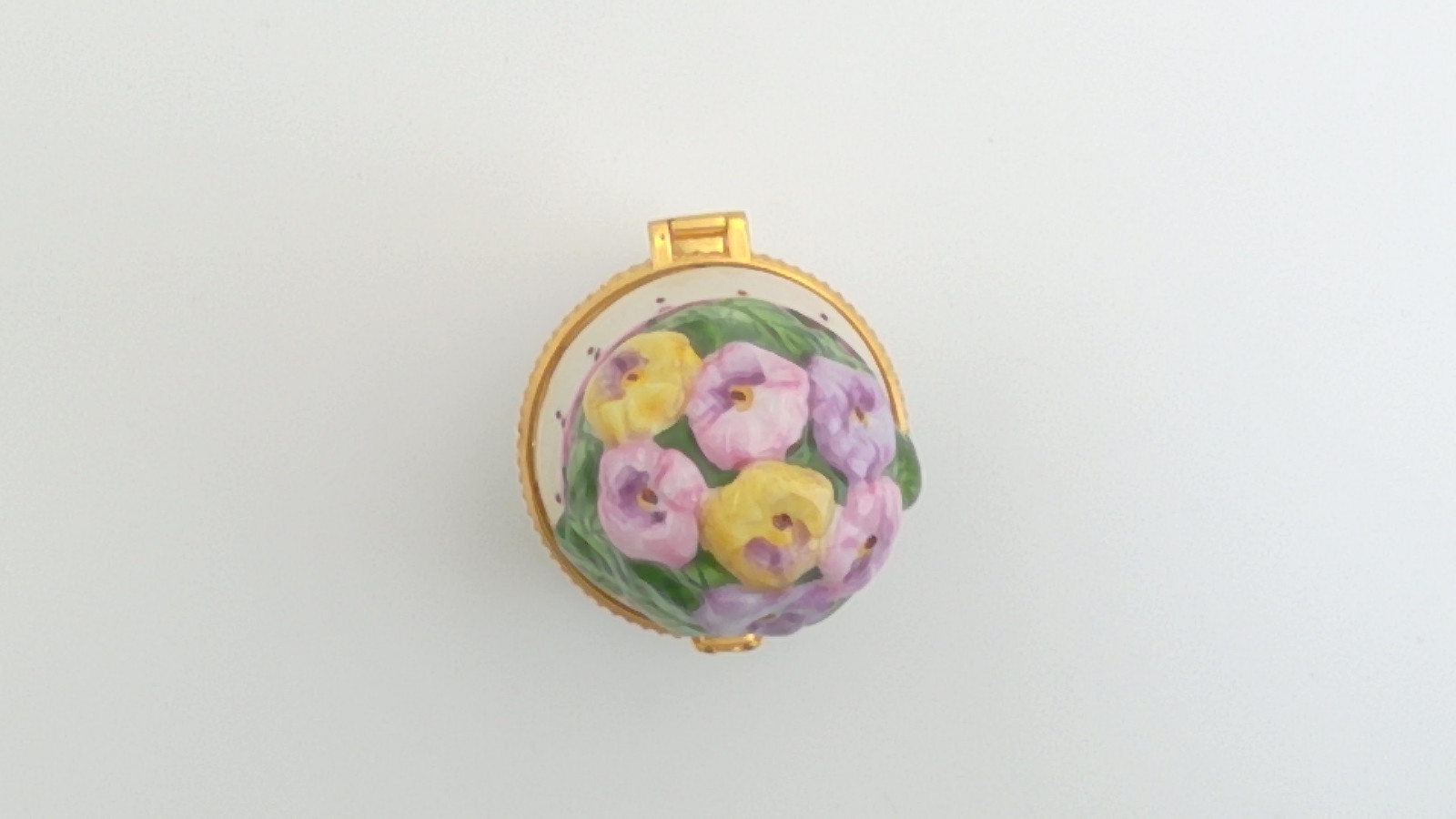 Vintage Hand Painted Porcelain Floral Hinged Trinket Box Gold Tone Rim TB1