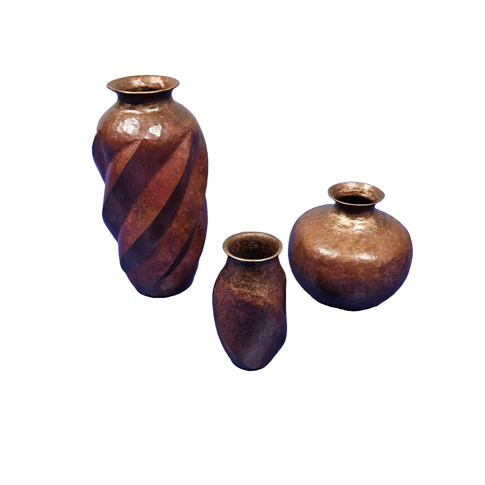 ​Vintage Handcrafted Hammered Copper Vase Lot 3 Pc Spiral Twist & Bulbous Vases