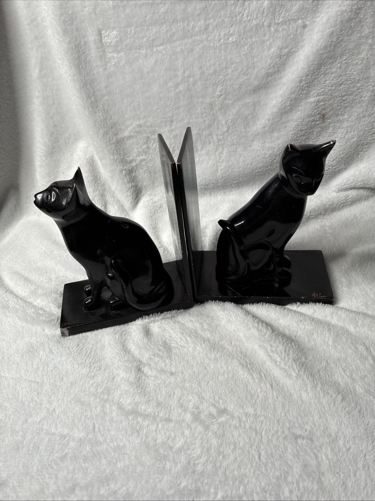 Pair Vintage Art Deco MCM Regal Black Cat Bookends Enameled Metal 