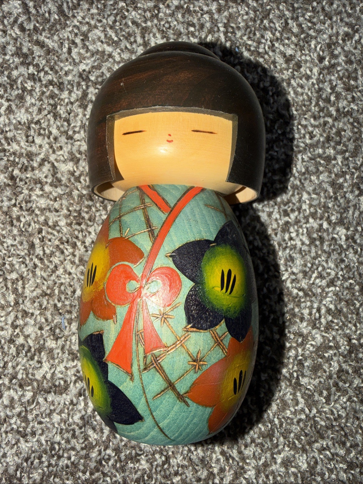 Vintage Kawaii Kokeshi Doll Figure Artist Signed Japanese Wooden Blue Green