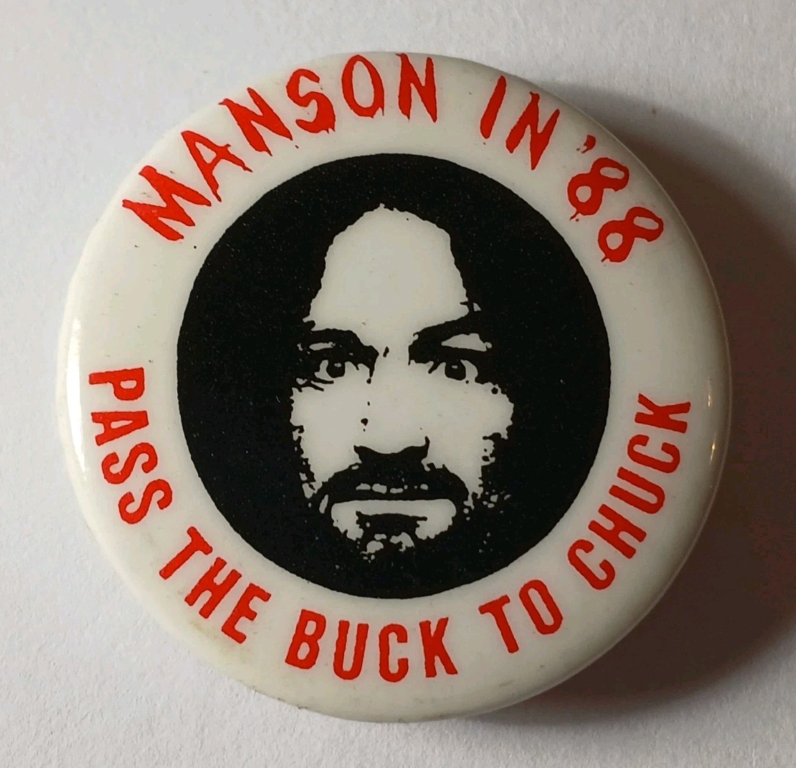 Rare Vintage 1988 Charles Manson For President Pin Shock-Value Counterculture