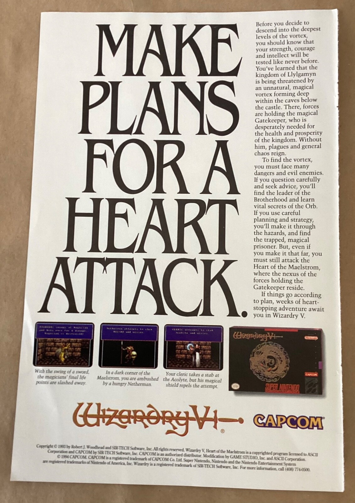 Wizardry VI 1993 Print Ad VIDEO GAMES NES Super Nintendo Capcom retro gaming 90s