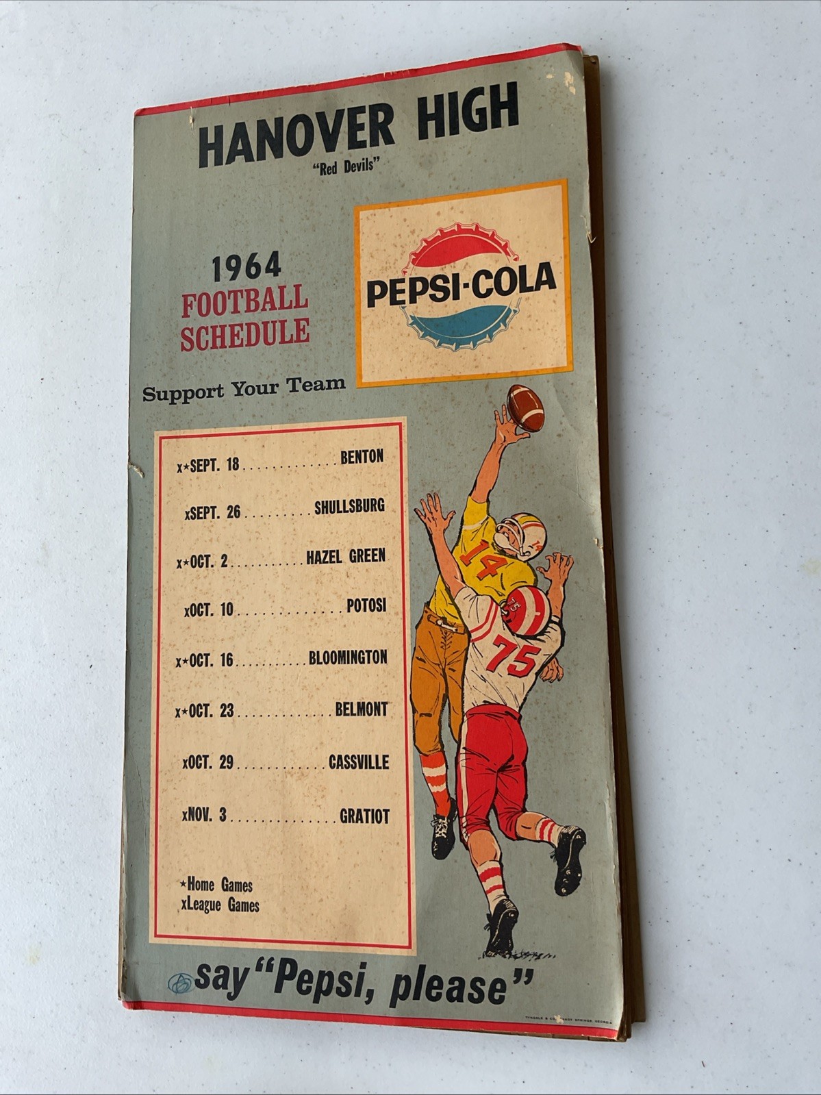 1964 PEPSI Hanover High School Football Schedule Sign Tyndale & Co 20