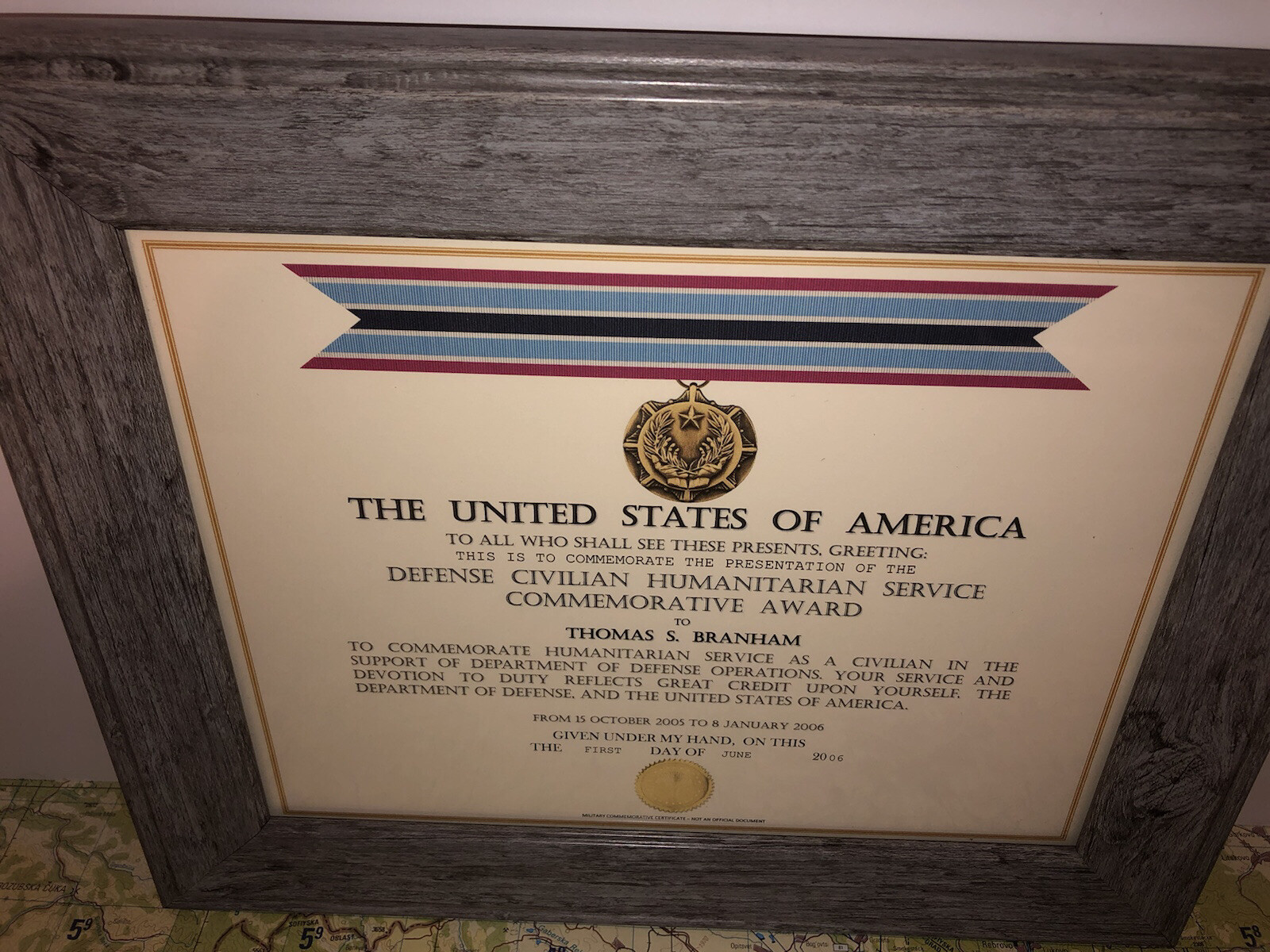 DEFENSE CIVILIAN HUMANITARIAN SERVICE COMMEMORATIVE AWARD CERTIFICATE ~ Type-1