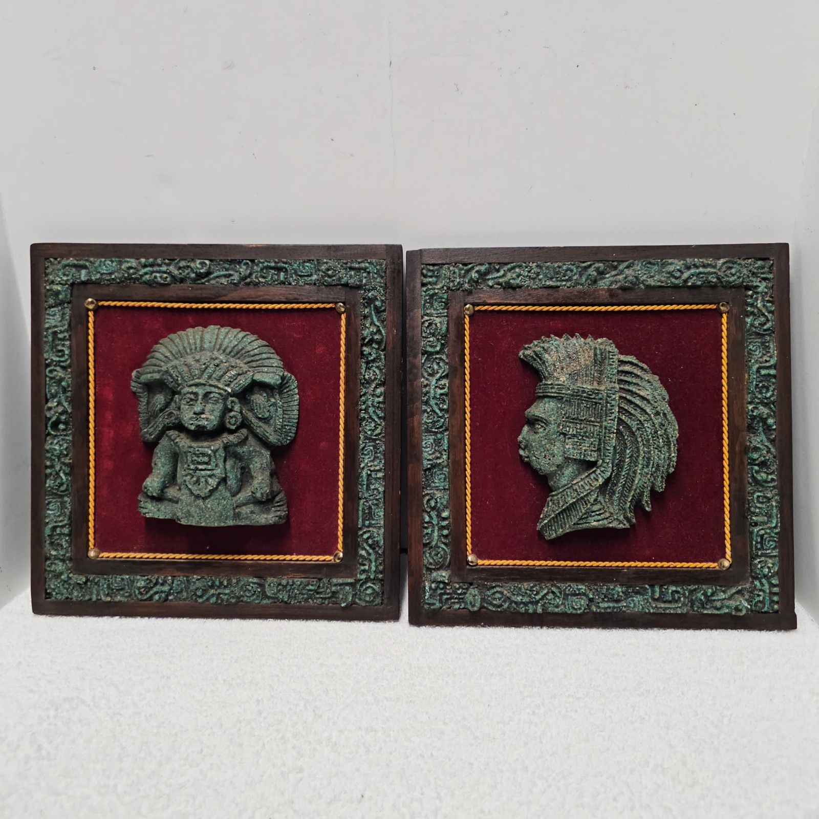 VTG Crushed Malachite Aztec Mayan Wall Plaque High Priest Warrior 2pc