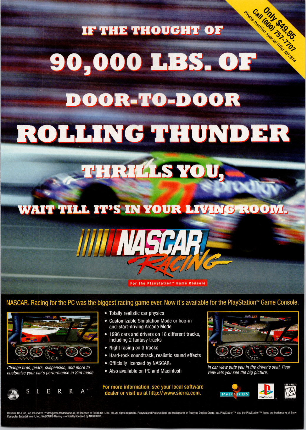 NASCAR Racing PlayStation Game Ad Sierra Papyrus 1996 Vintage Print Ad Poster