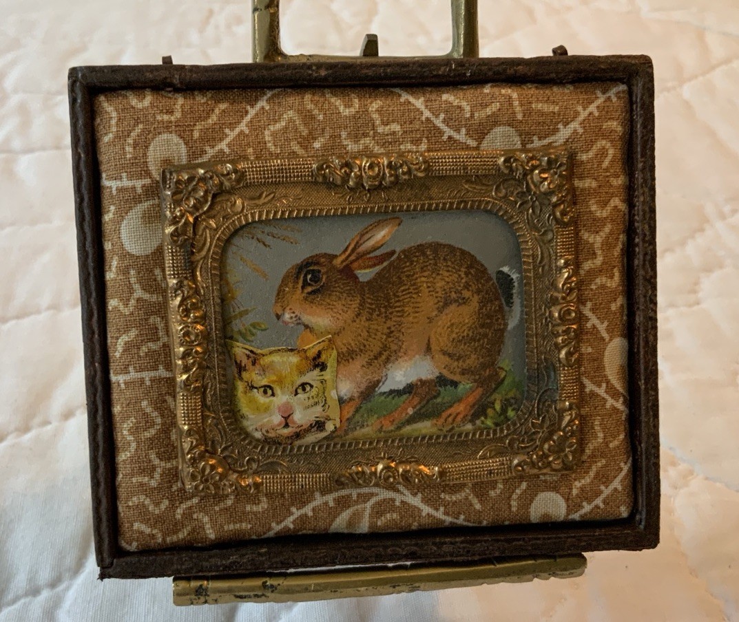 Vintage Antique Victorian Trade Card Ephemera Framed, Union Case, Bunny, Cat