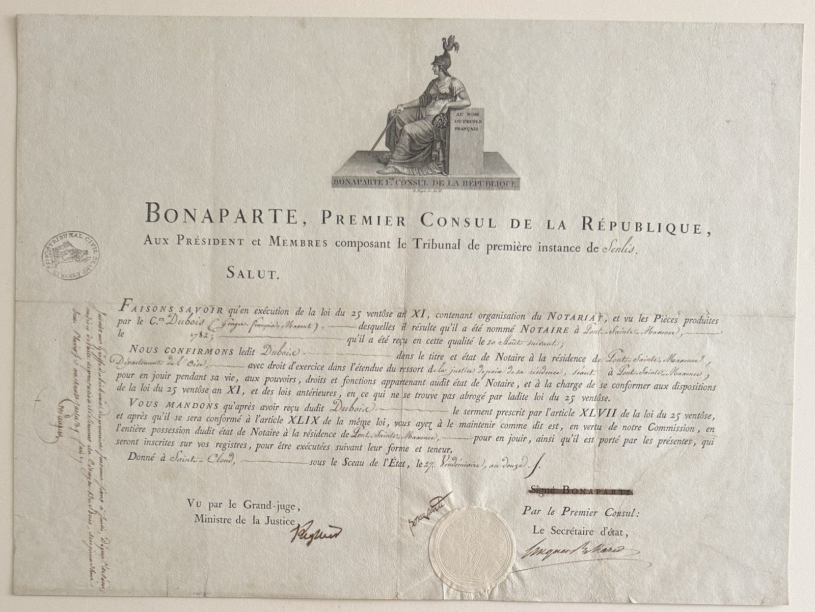 Napoleon Bonaparte Signed 1803 Notarial Commission on Laid Paper