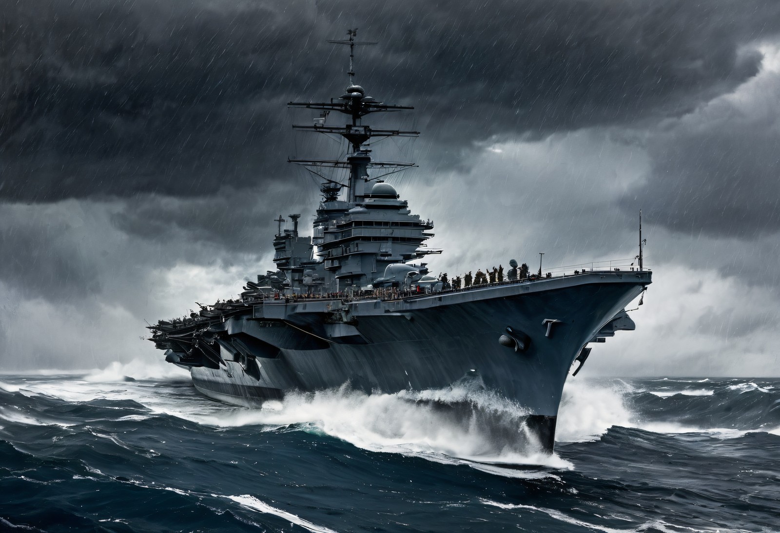 WWII Aircraft Carrier Cutting Through Pacific Storm - Wall Art Print