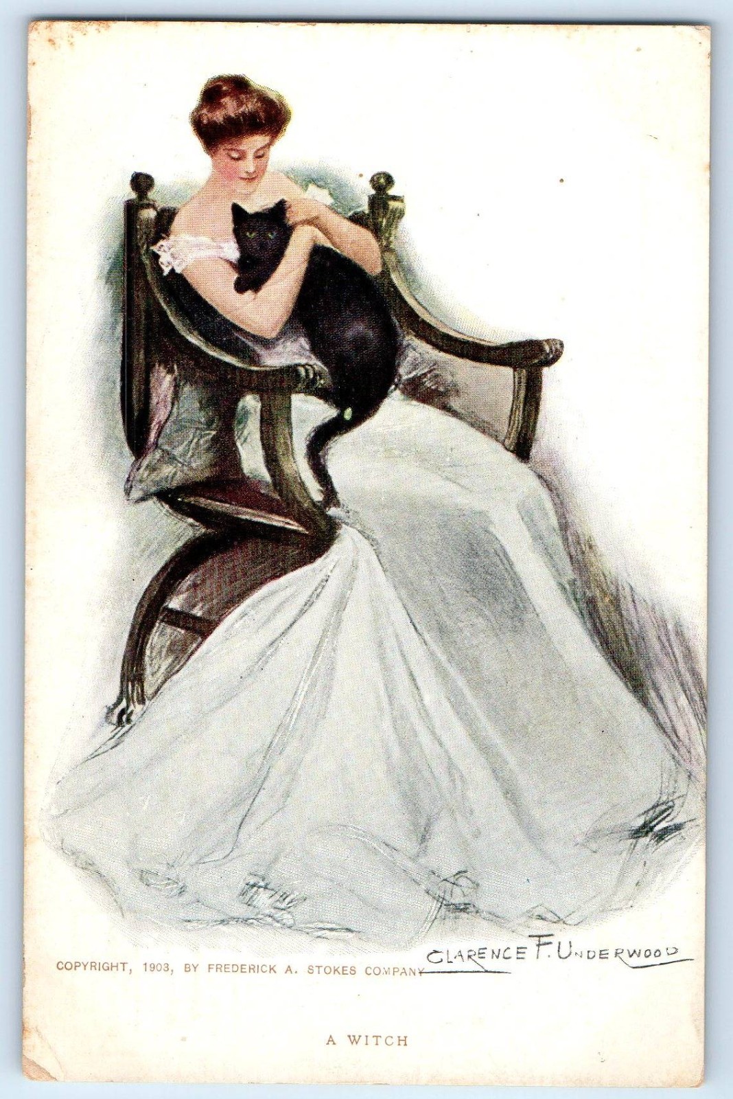 c1910s A Witch Pretty Woman With Black Cat Clarence F. Underwood Signed Postcard