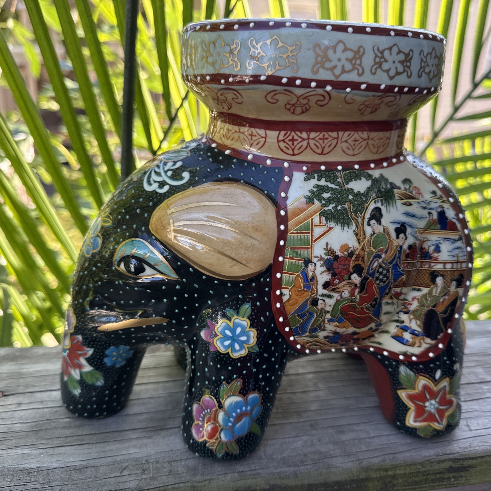 Vintage 20th Century Asian Ceramic Majolica Elephant Plant Stand/ Garden Stool