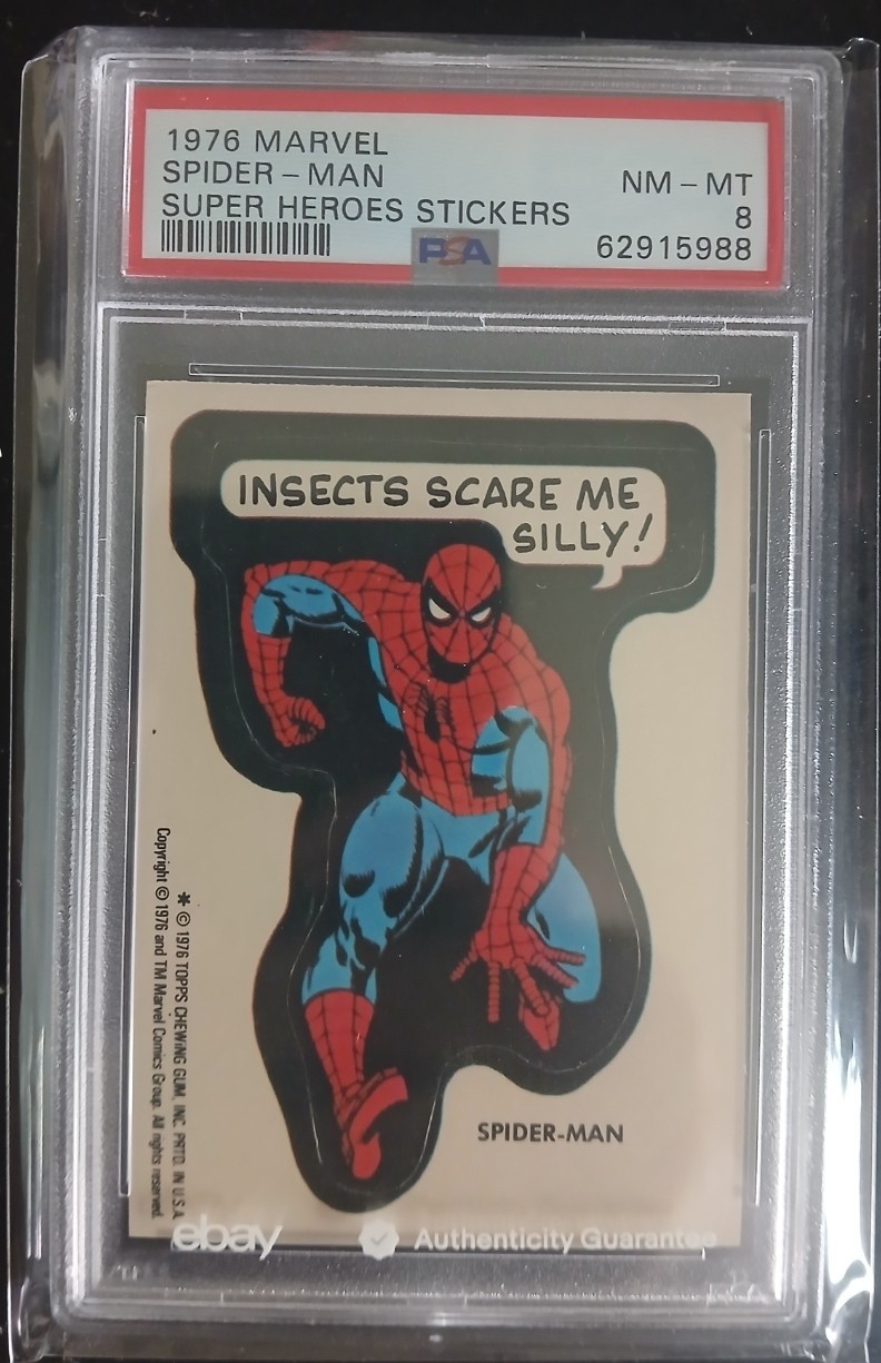 1976 Marvel Spider-Man Super Heroes Stickers #8 Insects Scare Me Silly PSA 8