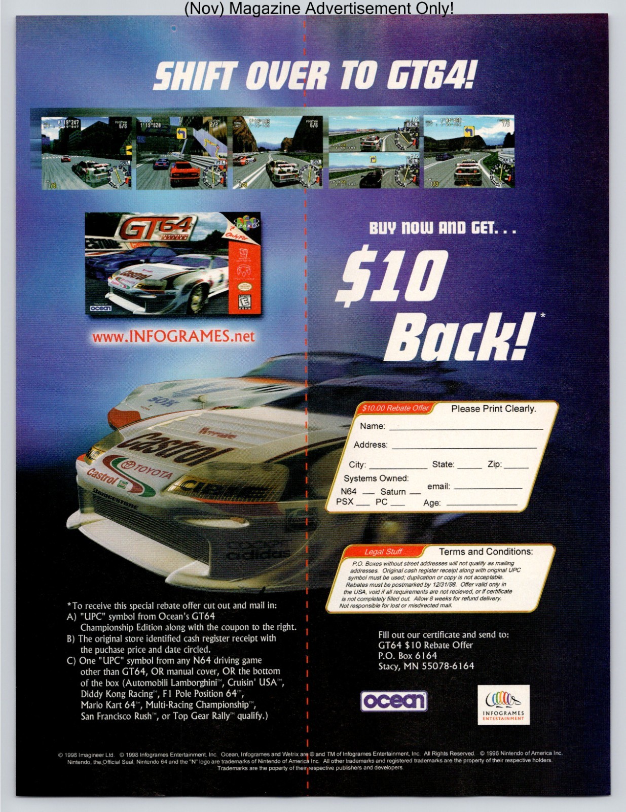 GT64 Championship Edition Nintendo 64 N64 Ocean Infogrames 1998 Advertisement