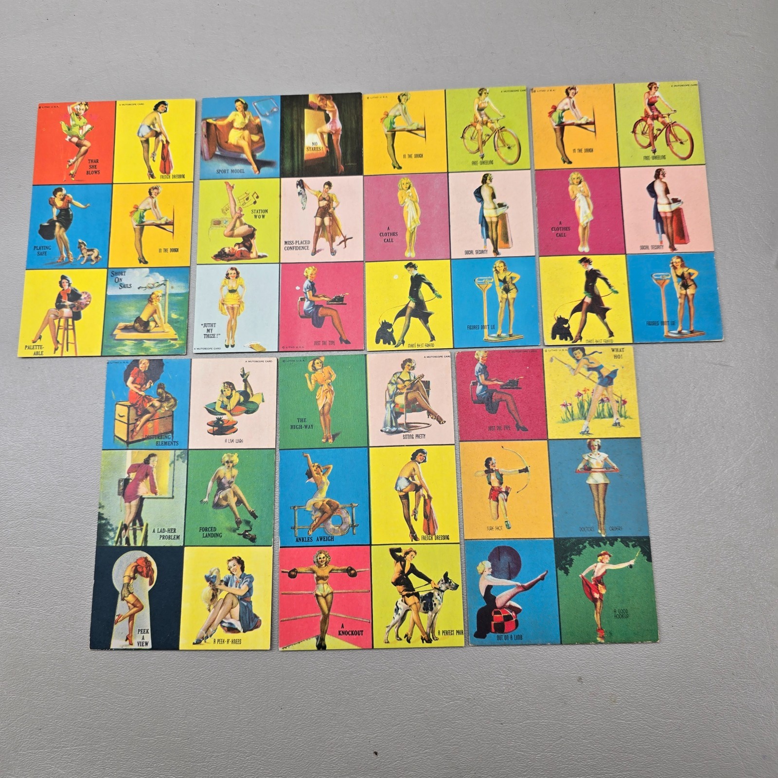 Vintage Mutoscope Pin-Up Arcade Cards 6-Up Uncut Panels Litho Lot 7 Pc