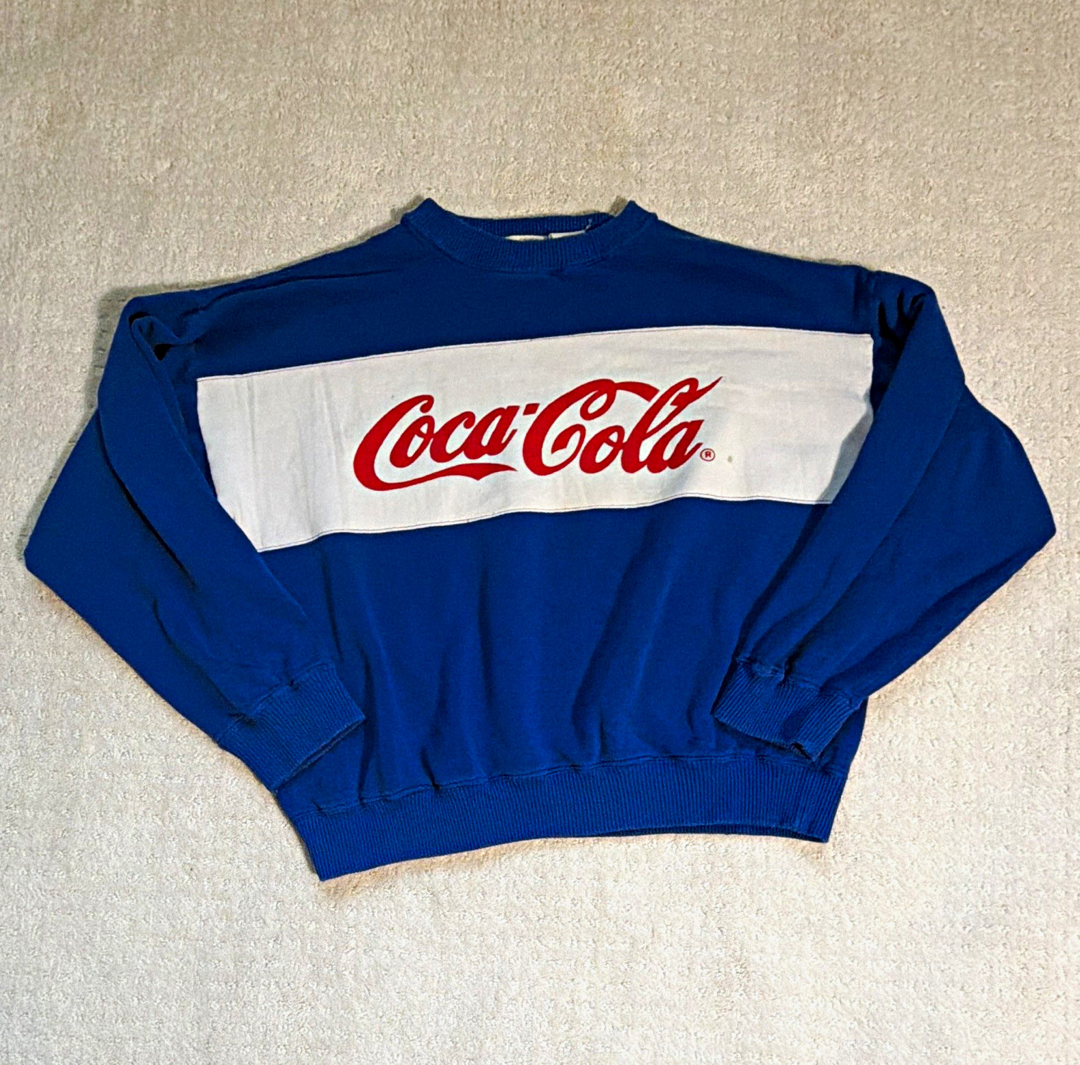 Vintage 70s 80s Coca-Cola Crewneck Sweatshirt Blue White Spell Out Logo