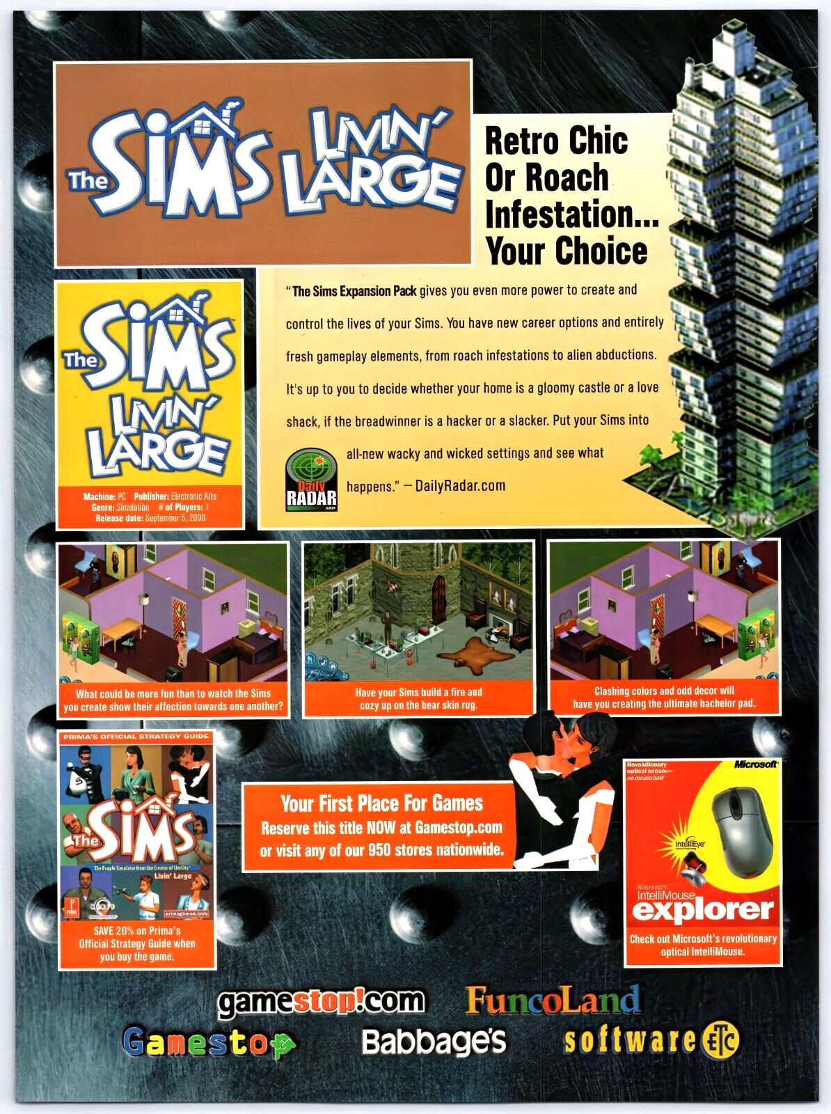 Vintage Print Ad 2000 The Sims Livin' Large PC Game Original Promo Poster Art