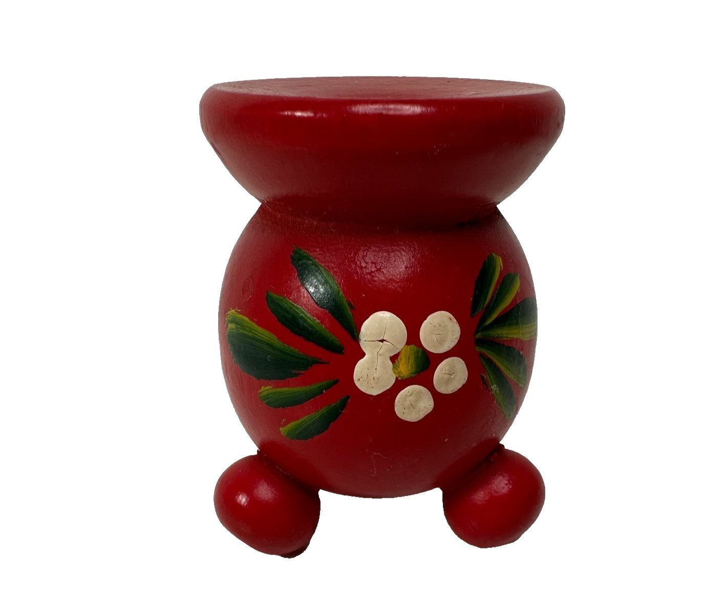 Vintage Red Painted Flower Round Swedish Folk Art Candle Holder Ball