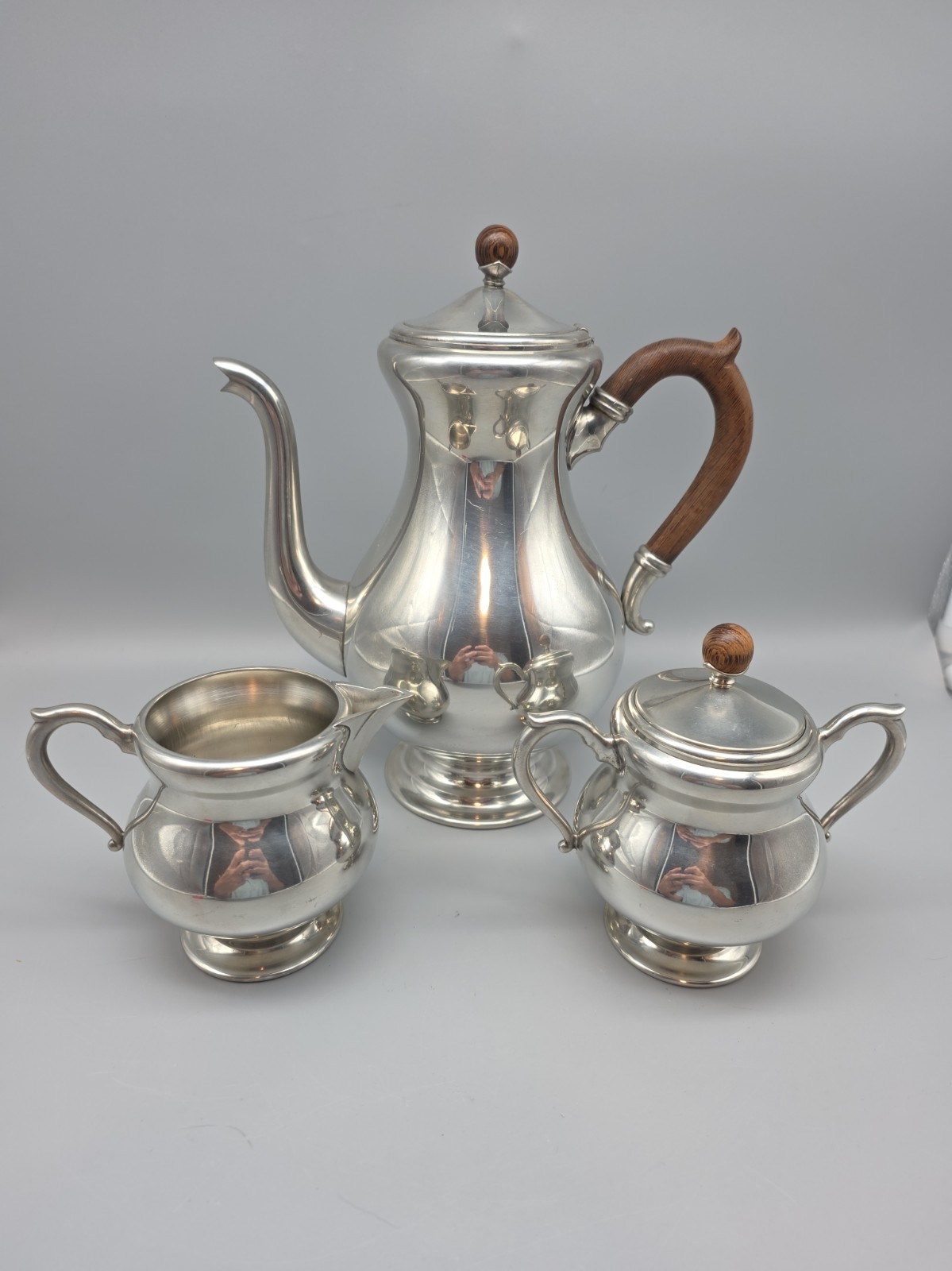 Vintage Royal Holland Pewter Wooden Handle Teapot Tea Pot Creamer Sugar GLOSSY