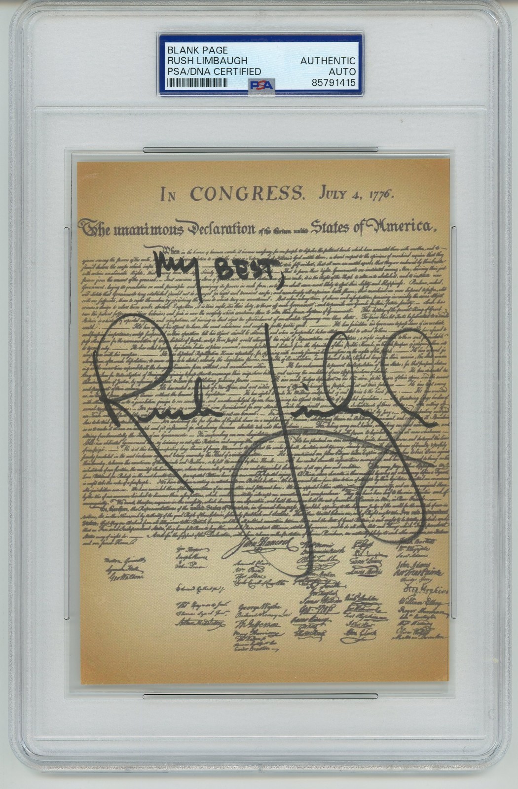 Rush Limbaugh ~ Signed Autographed Declaration of Independence ~ PSA DNA