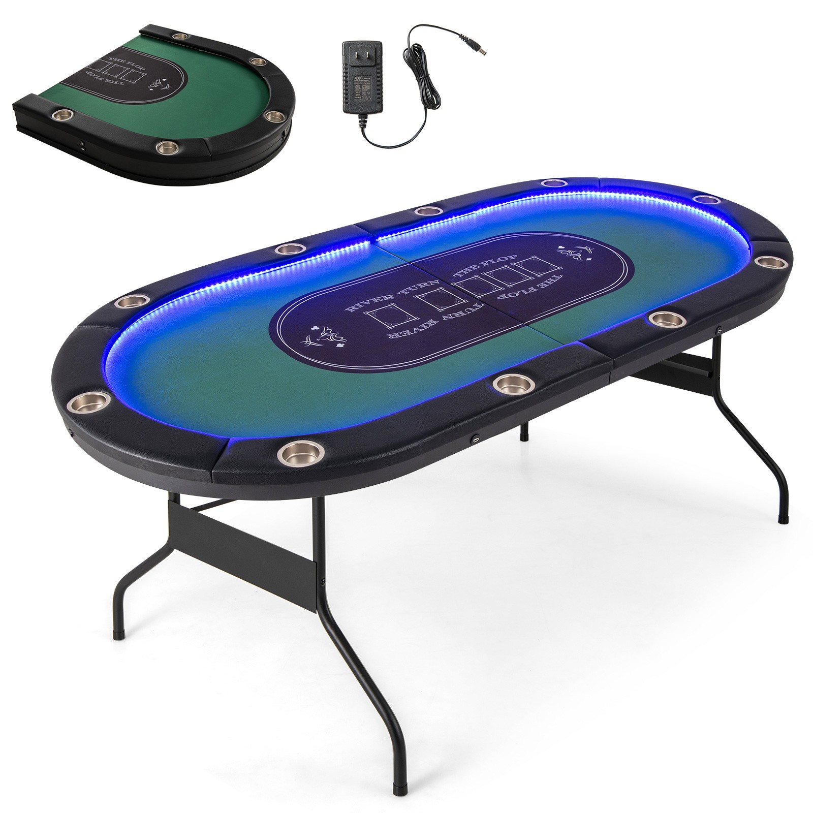 Foldable 10 Player Poker Table Casino Texas Holdem W/ LED Lights USB Ports