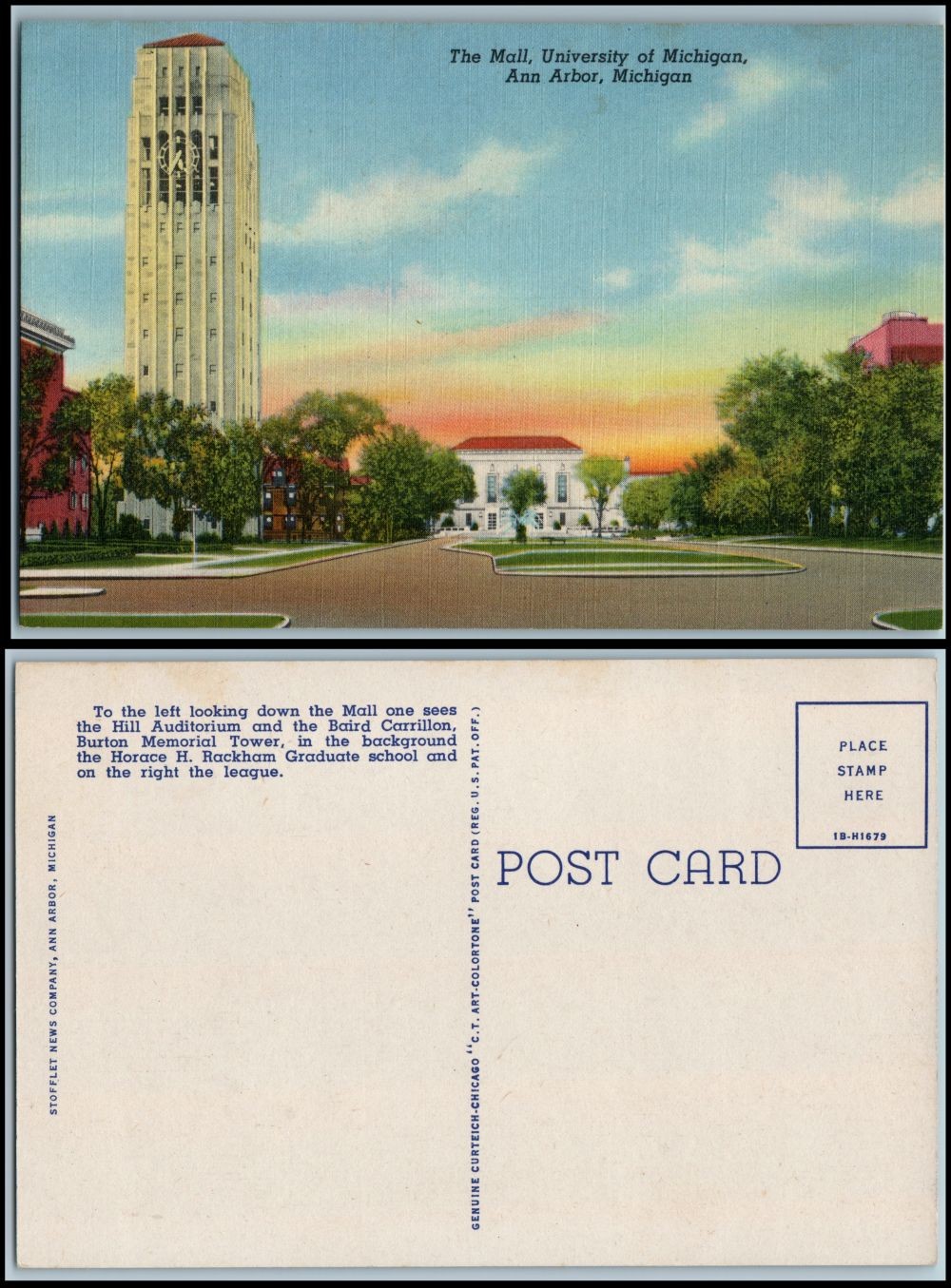 1941 The Mall University of Michigan Ann Arbor linen postcard Burton Tower