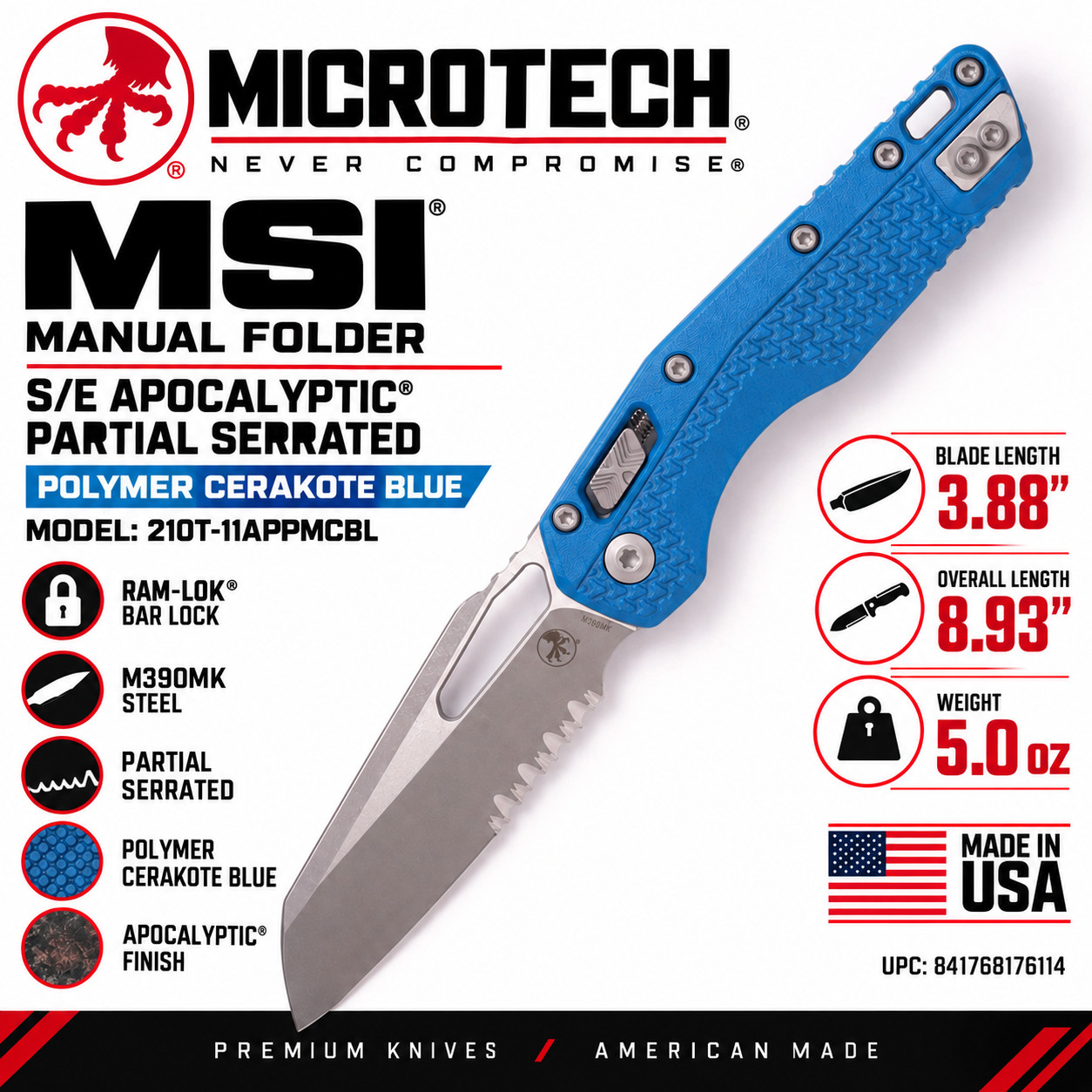 Microtech MSI RAM-LOK Blue Tri-Grip Apocalyptic Serrated M390MK 210T-11APPMCB