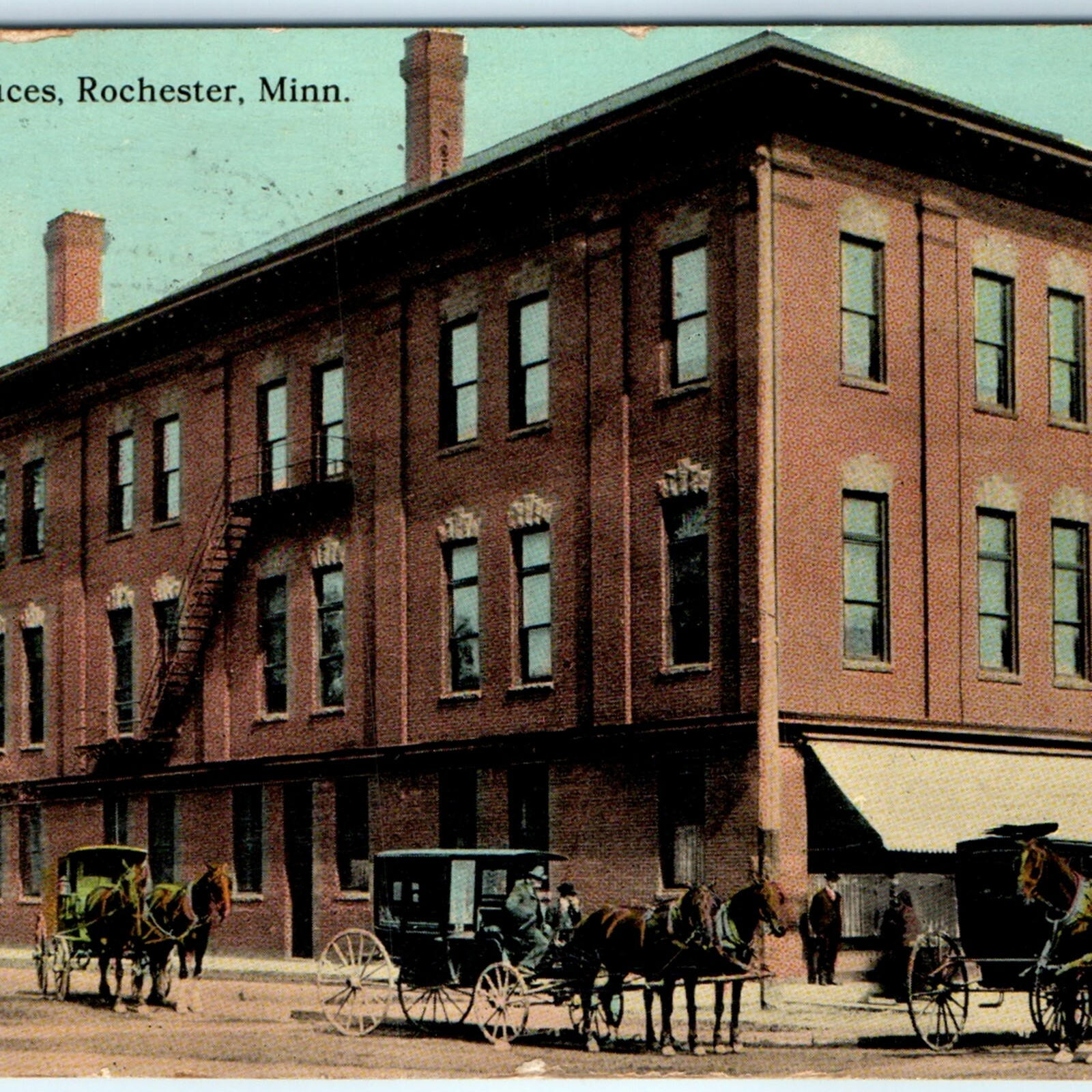 c1910s Rochester, MN The Mayo Offices Postcard Horse Carriages Street View