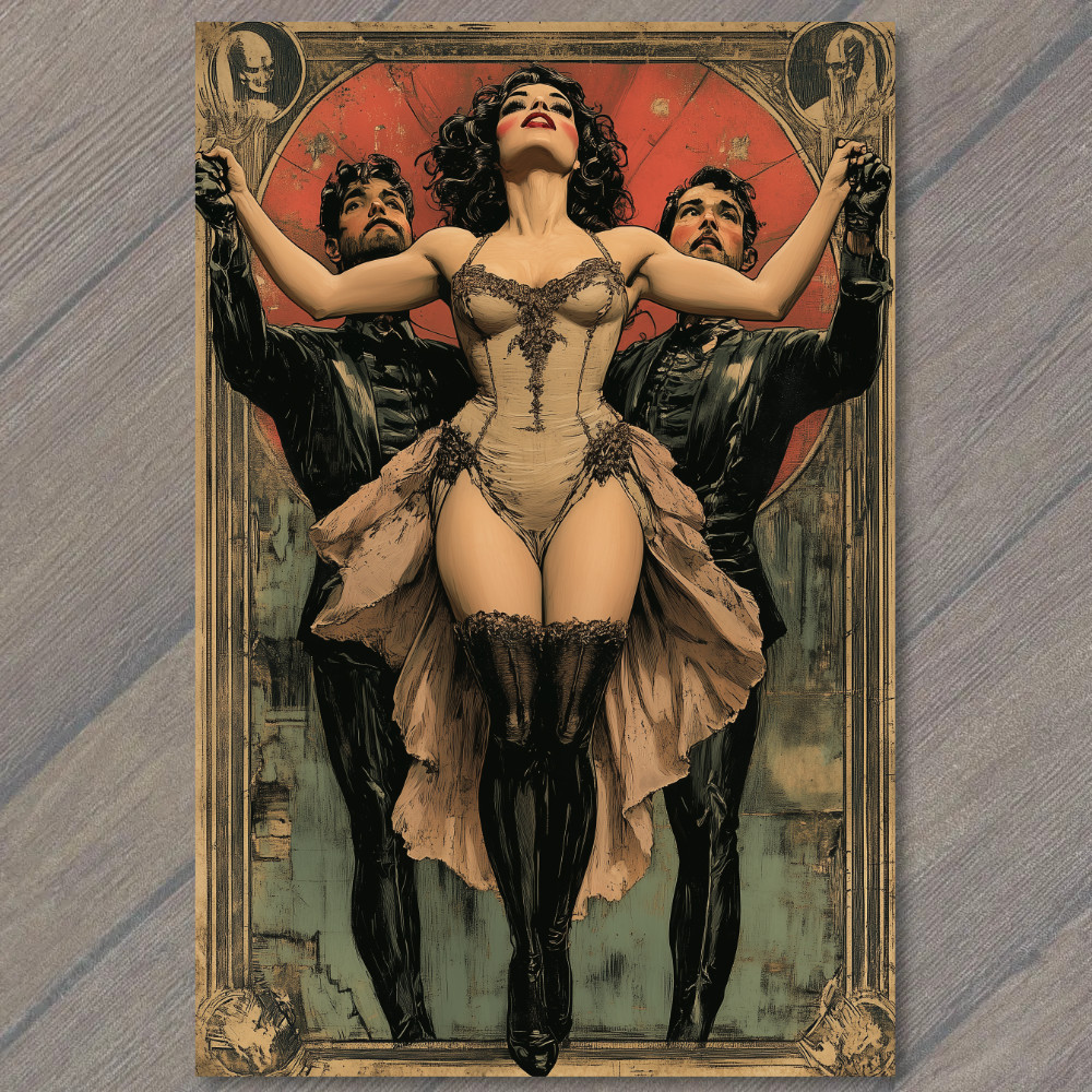 POSTCARD Burlesque Dancer Held By Two Men In Dramatic Pose Theater Glamour Goth