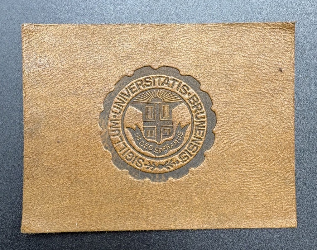 c1910 L20 Brown University College Seal Tobacco Leather 2x2.5 Antique