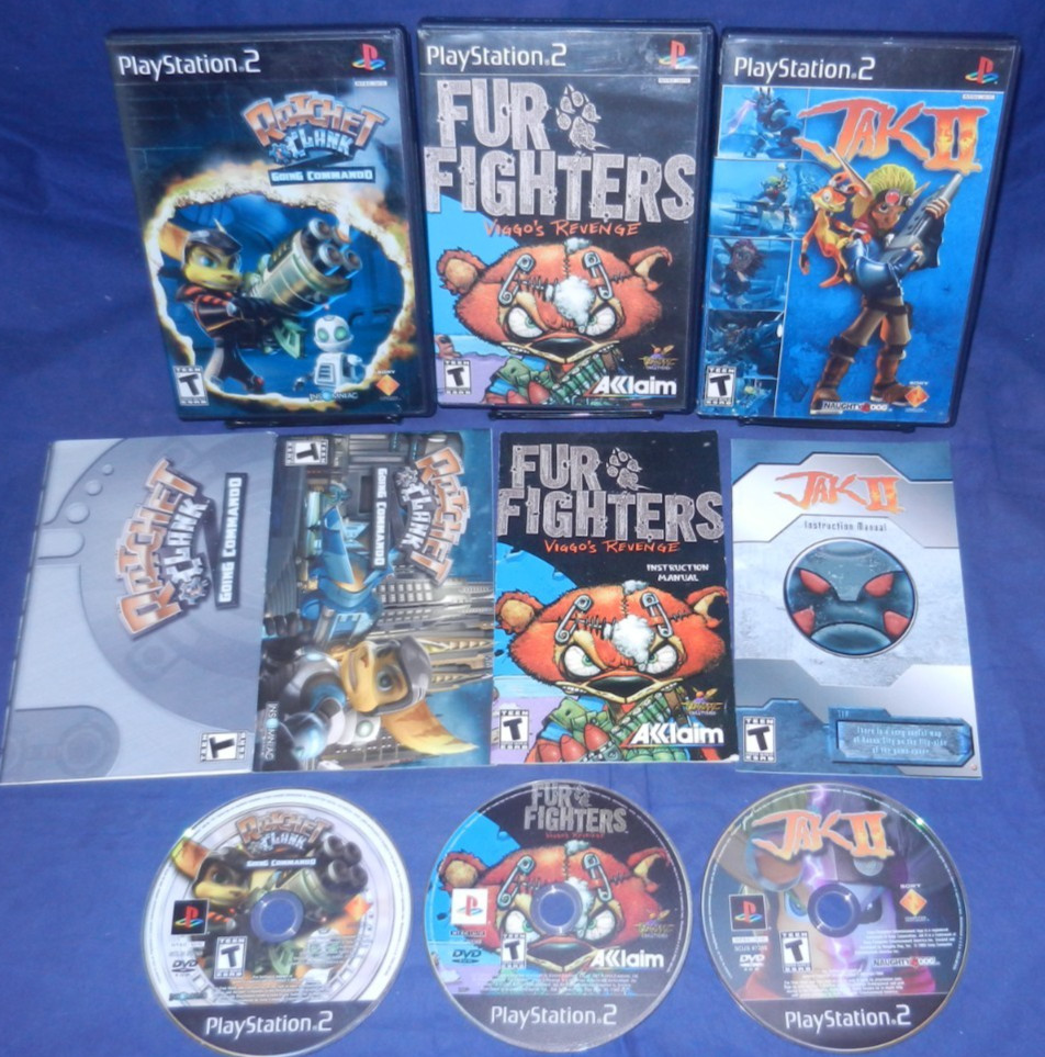 PS2; Fur Fighters Viggo's, Ratchet & Clank Going Commando, Jak 2, w/Manuals, VG