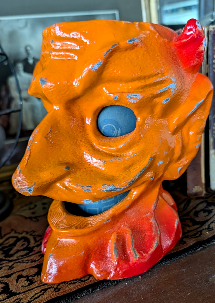 Paper Mache Style Halloween Devil Head Orange Red Lantern w/ face 8