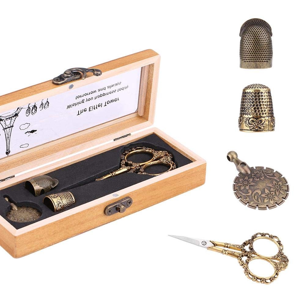 HEEPDD 4pcs Vintage Sewing Kit Wooden Box Embroidery Scissors Set