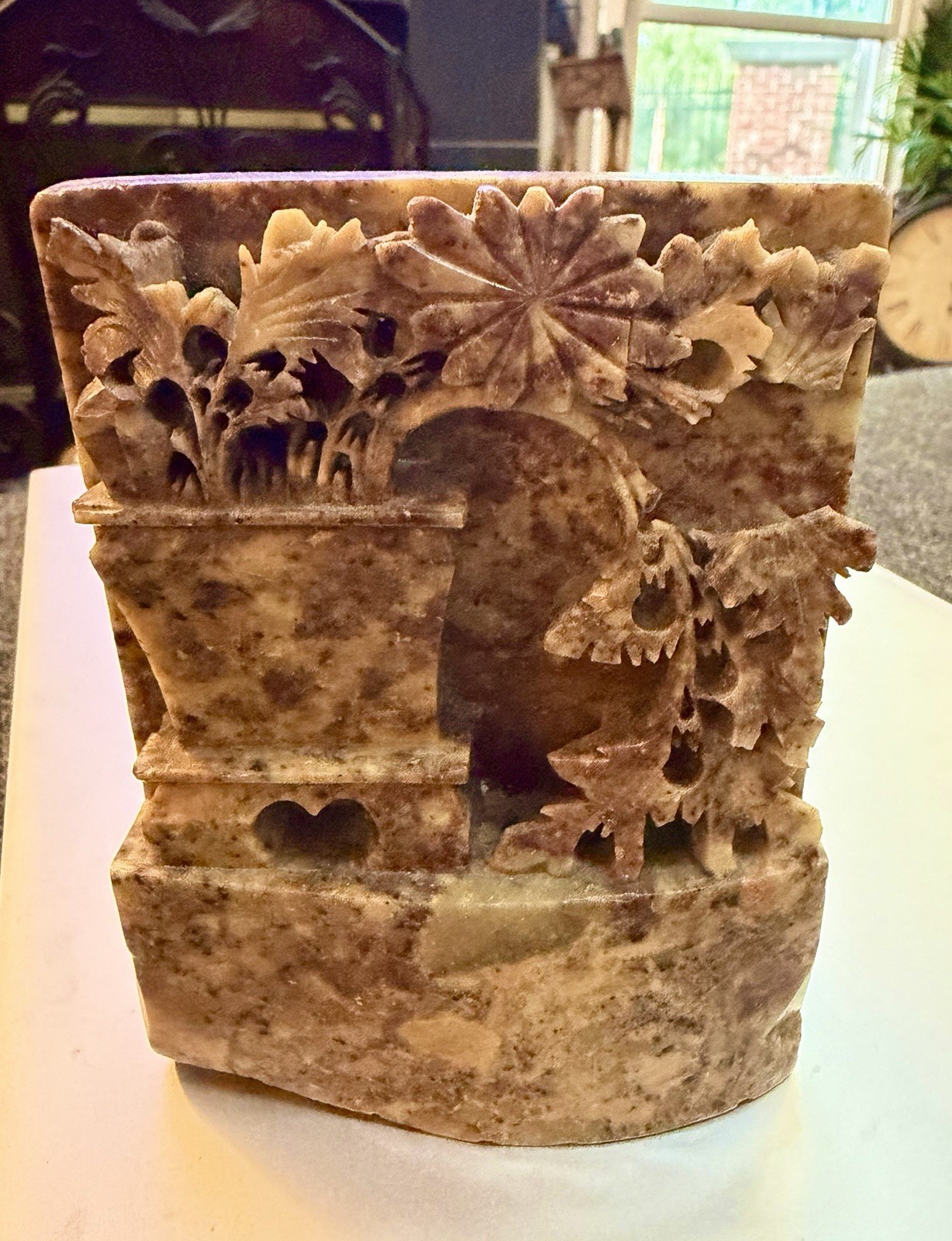 Vintage Hand Carved Chinese Soapstone Carving fFowers Leaves fForal design .