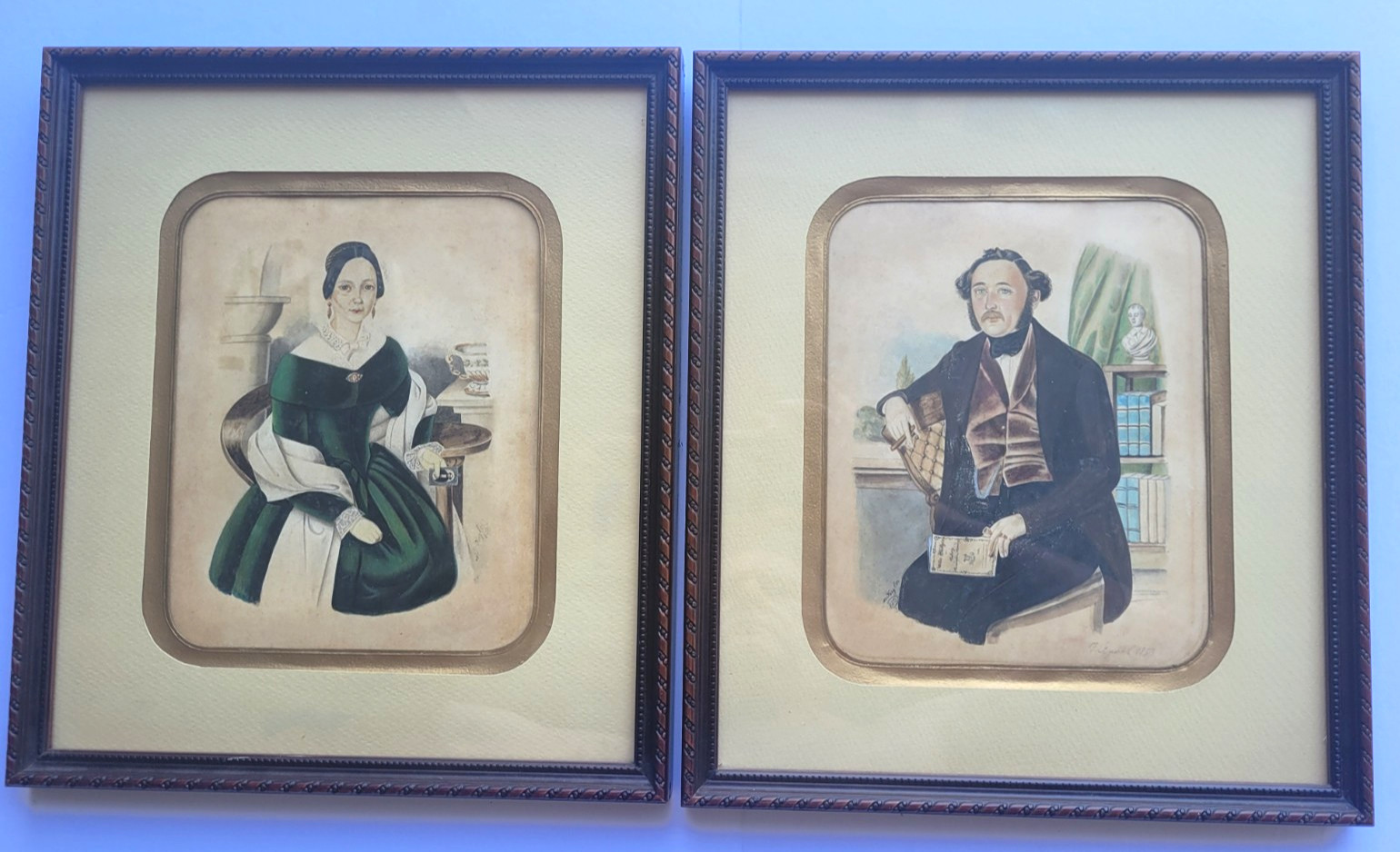 C.1853 FOLK ART PAINTINGS NOT DAGUERREOTYPE ELEGANT GERMAN COUPLE LADY WITH DAG