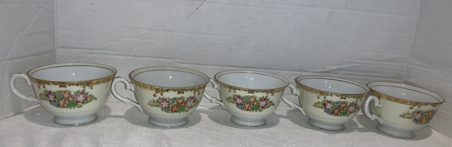 Set Of 5 Vintage Diamond Japan Fine Bone China Pink Yellow Floral Teacups 1930s