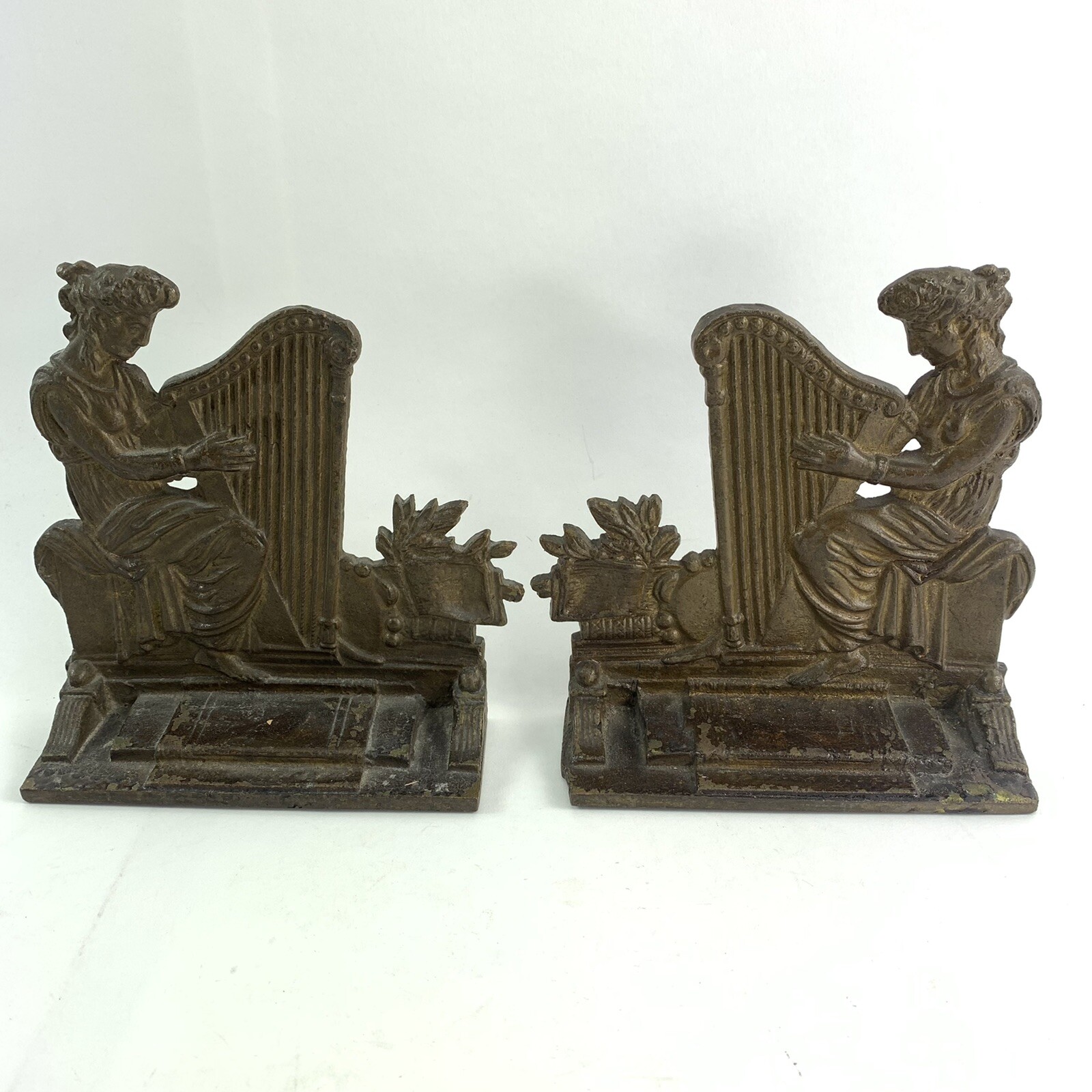 Antique Bronze Bookends Greek Woman Musician Surface Damage