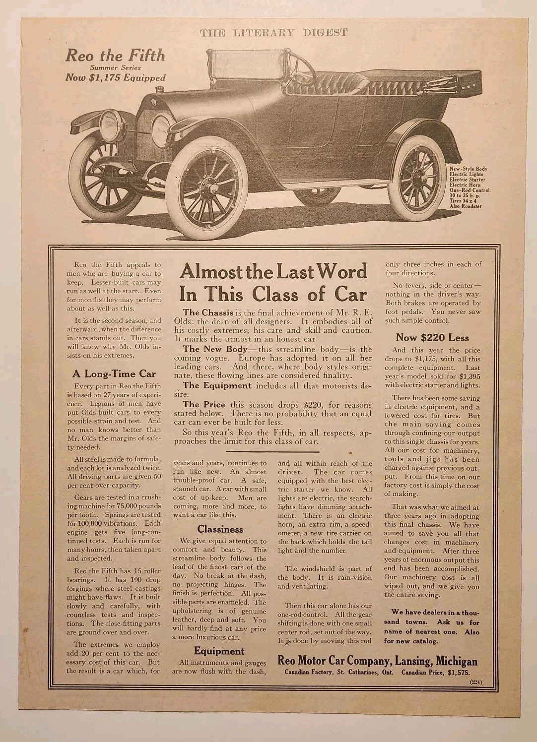 1914 Reo Motor Car The Fifth Summer Series Original Print Ad Ephemera Lansing MI