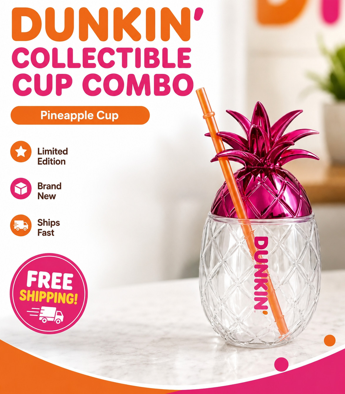 Limited Edition Dunkin Donuts\' Pineapple Cup🍍 New Authentic With Straw